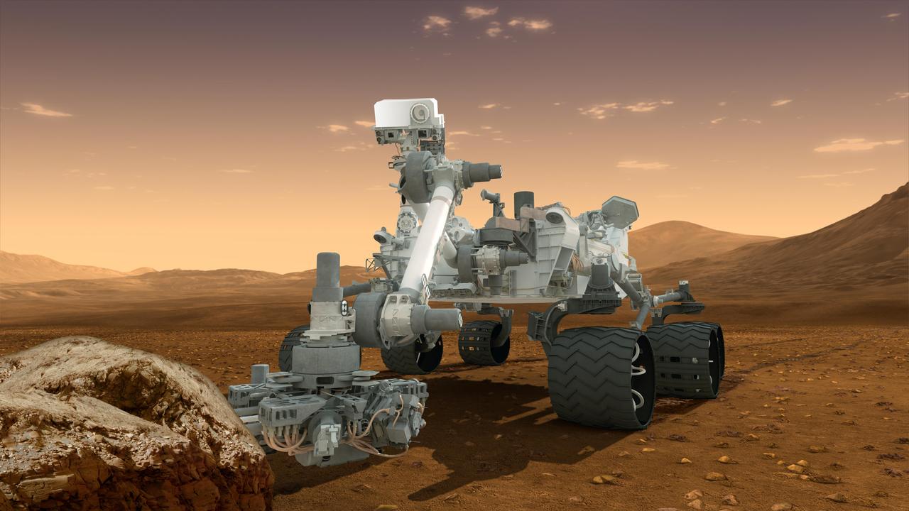 This artist concept features NASA Mars Science Laboratory Curiosity rover, a mobile robot for investigating Mars past or present ability to sustain microbial life.