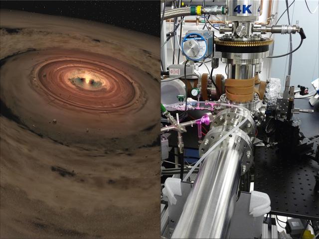 Researchers are brewing up icy, organic concoctions in the lab to mimic materials at the edge of our solar system and beyond. The lab is shown at right, and a very young solar system, with its swirling planet-forming disk is at left.