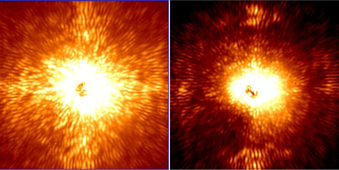 These two images show HD 157728, a nearby star 1.5 times larger than the sun. Project 1640 uses new technology on the Palomar Observatory 200-inch Hale telescope near San Diego, Calif., to spot planets.