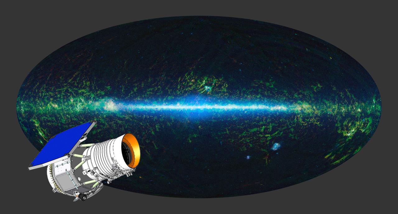 The entire sky as mapped by NASA WISE at infrared wavelengths is shown here, with an artist concept of the WISE satellite superimposed.