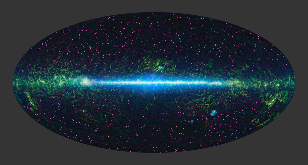 NASA WISE has identified about 1,000 extremely obscured objects over the sky, as marked by the magenta symbols. These hot dust-obscured galaxies, or hot DOGs, are turning out to be among the most luminous.