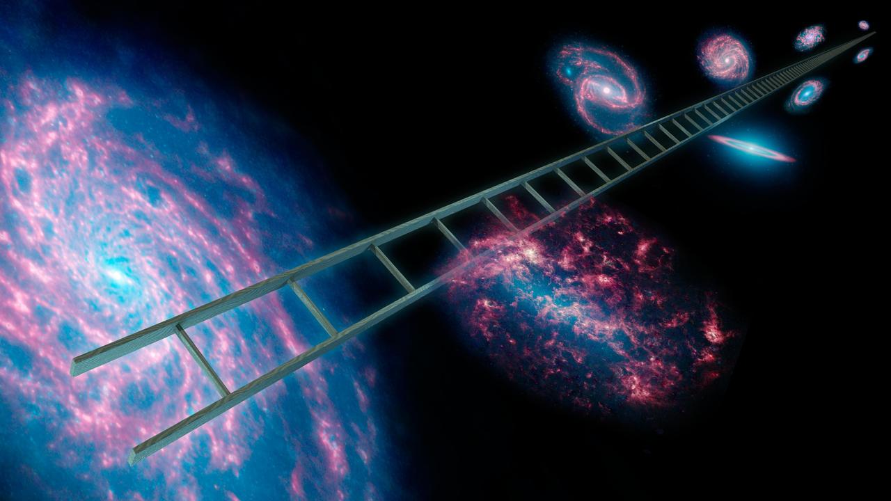 Astronomers using NASA Spitzer Space Telescope have greatly improved the cosmic distance ladder used to measure the expansion rate of the universe, its size and age. This artist concept symbolically shows a series of stars that have known distances.