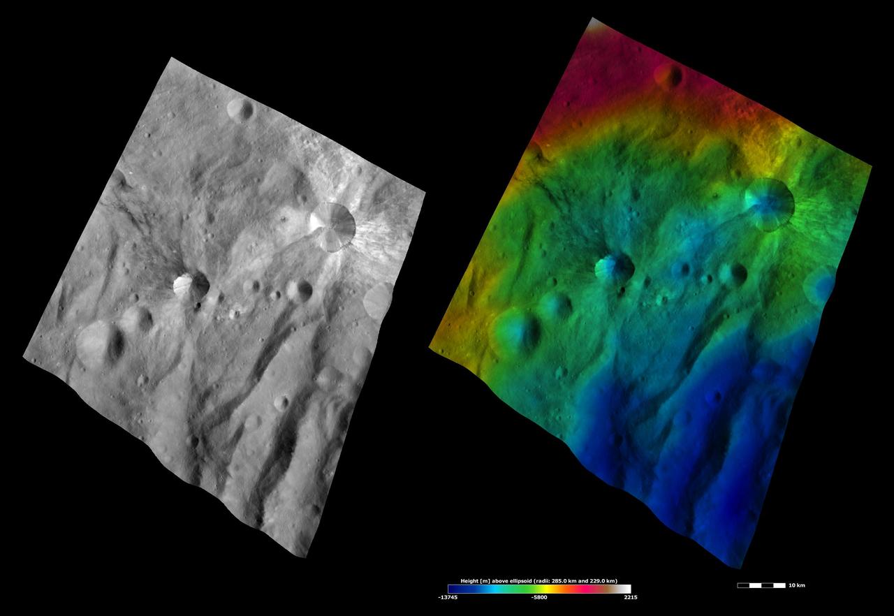 These images from NASA Dawn spacecraft are located in asteroid Vesta Urbinia quadrangle, in Vesta southern hemisphere.