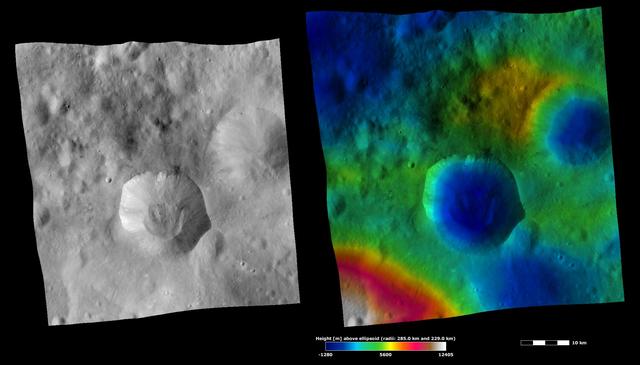 NASA image: Apparent Brightness and Topography Images of Drusilla Crater
