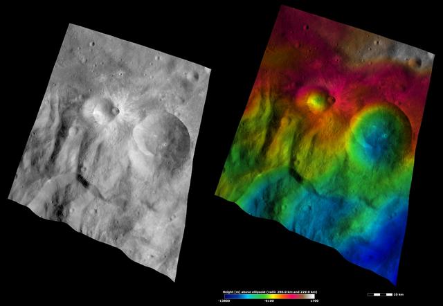 NASA image: Apparent Brightness and Topography Images of Tuccia and Eusebia Craters