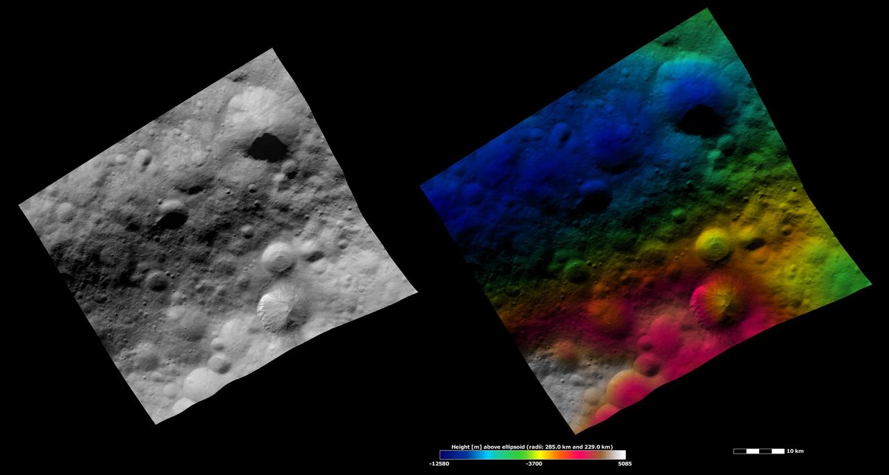 These images from NASA Dawn spacecraft are located in asteroid Vesta Numisia quadrangle, in Vesta northern hemisphere.