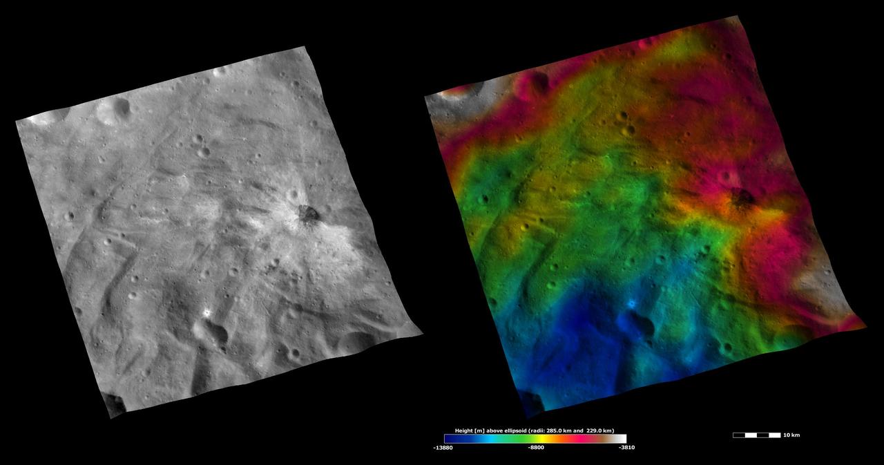 These images from NASA Dawn spacecraft are located in asteroid Vesta Urbinia quadrangle, in Vesta southern hemisphere.