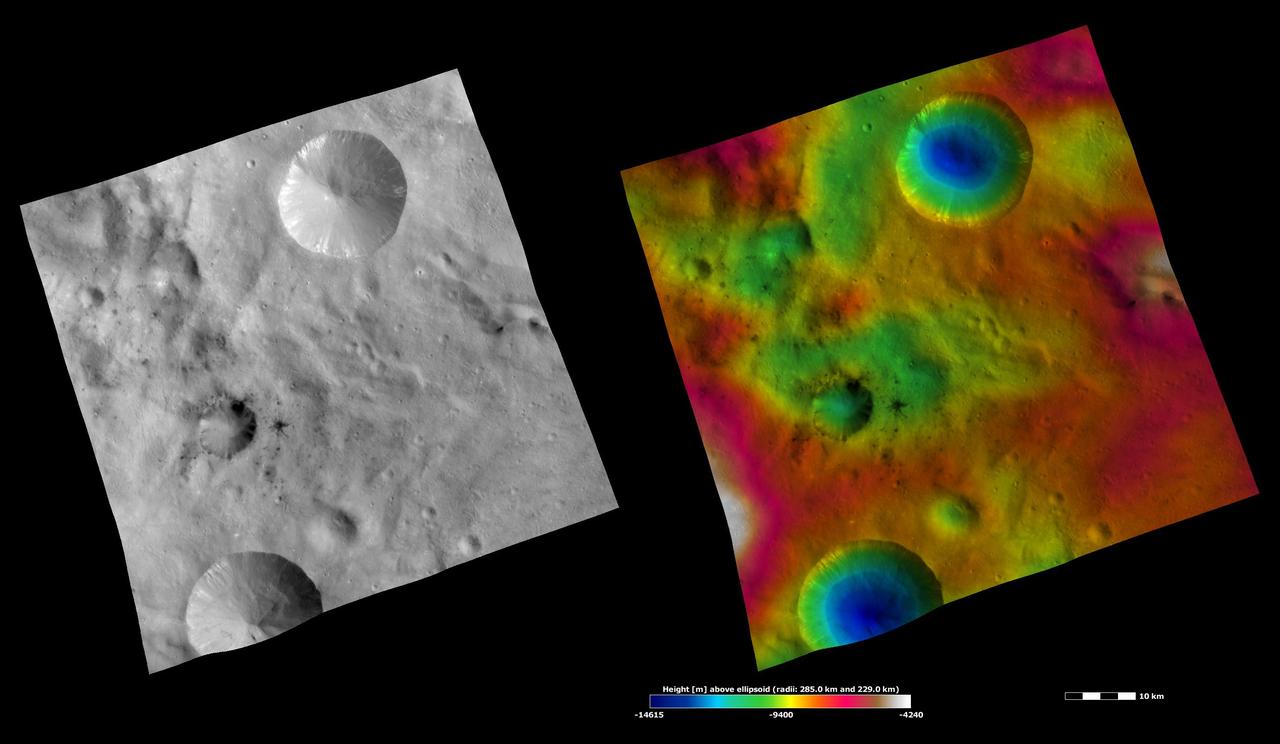 These images from NASA Dawn spacecraft are located in asteroid Vesta Sextilia quadrangle, in Vesta southern hemisphere.