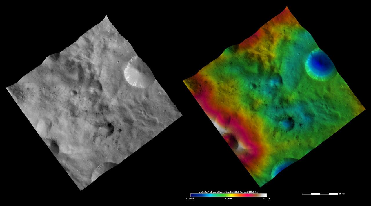These images from NASA Dawn spacecraft are located in asteroid Vesta Sextilia quadrangle, in Vesta southern hemisphere.