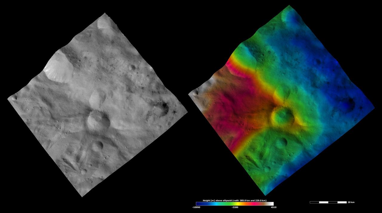 These images from NASA Dawn spacecraft are located in asteroid Vesta Sextilia quadrangle, in Vesta southern hemisphere.