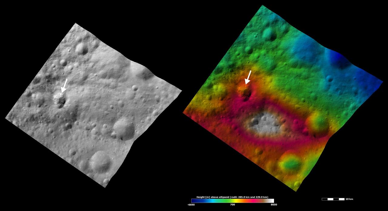 These images from NASA Dawn spacecraft are located in asteroid Vesta Numisia quadrangle, a few degrees below Vesta equator.