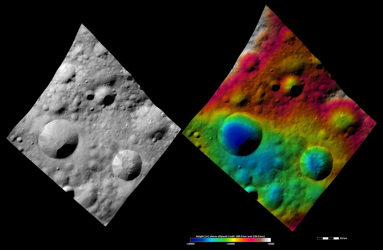 These images from NASA Dawn spacecraft are located in asteroid Vesta Lucaria Tholus quadrangle, in Vesta northern hemisphere.