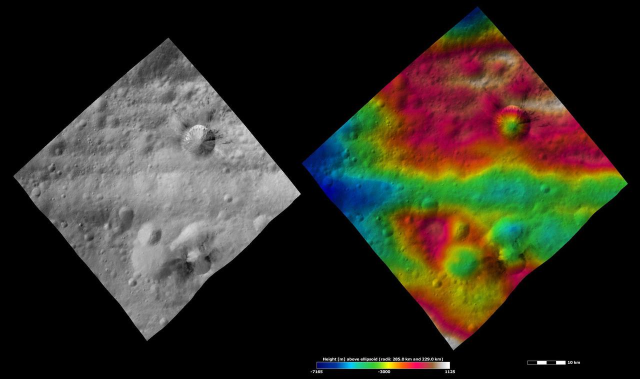 These images from NASA Dawn spacecraft are located in asteroid Vesta Gegania quadrangle, just south of Vesta equator. Rubria, with dark and bright material is above Divalia Fossa, and Occia, with bright and dark material is below.