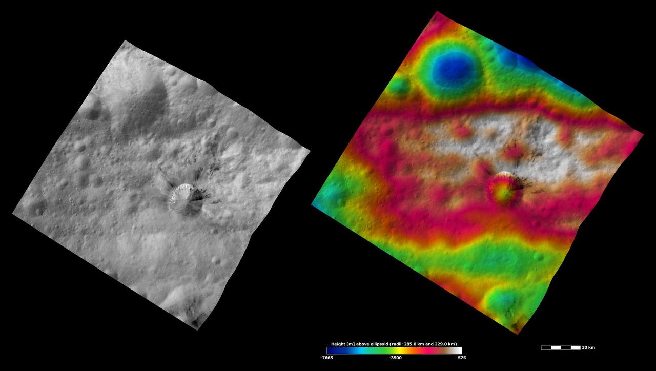 These images from NASA Dawn spacecraft are located in asteroid Vesta Gegania quadrangle, just south of Vesta equator. Rubria is the crater with dark and bright material above Divalia Fossa and Occia is the crater with bright and dark material below.