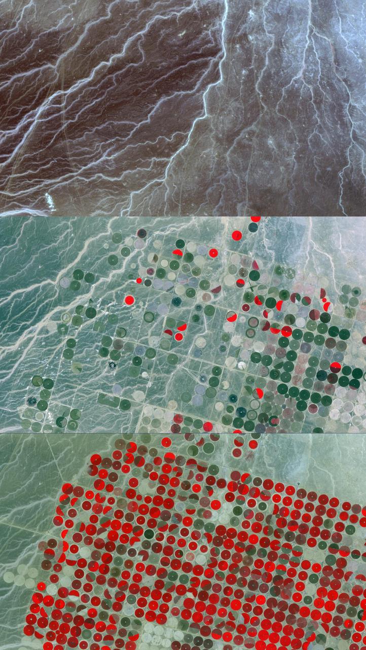 Acquired by NASA Terra spacecraft on in 2011, this image shows the Wadi As-Sirhan Basin in northwest Saudi Arabia, which has been steadily developing agricultural fields using center pivot irrigation by tapping into fossil ground water.