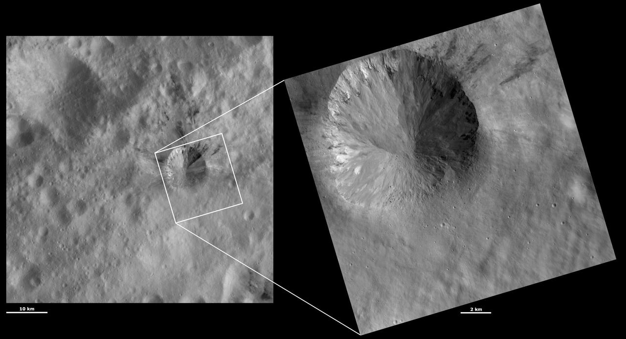 These images from NASA Dawn spacecraft are located in asteroid Vesta Gegania quadrangle, a little south of Vesta equator; boulders can be seen on the bottom side of the crater.