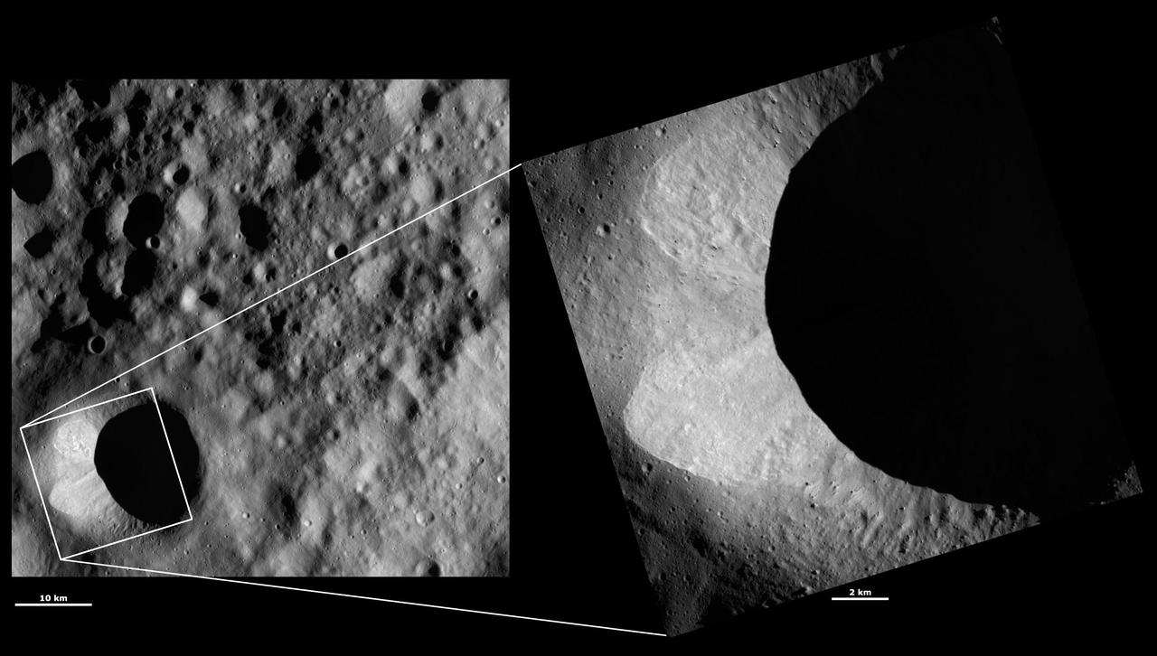 These images from NASA Dawn spacecraft are located in asteroid Vesta Floronia quadrangle, in Vesta northern hemisphere; small boulders visible inside of Scantia crater.