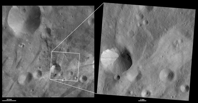 These images from NASA Dawn spacecraft are located in asteroid Vesta Urbinia quadrangle, in Vesta southern hemisphere; many small boulders are visible on the right side of Sossia crater.