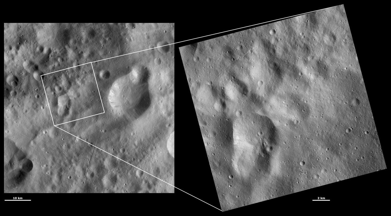 These images from NASA Dawn spacecraft are located in asteroid Vesta Oppia quadrangle, just south of Vesta equator; Claudia was chosen to anchor the coordinate system for Vesta used in the scientific investigations of the Dawn team.