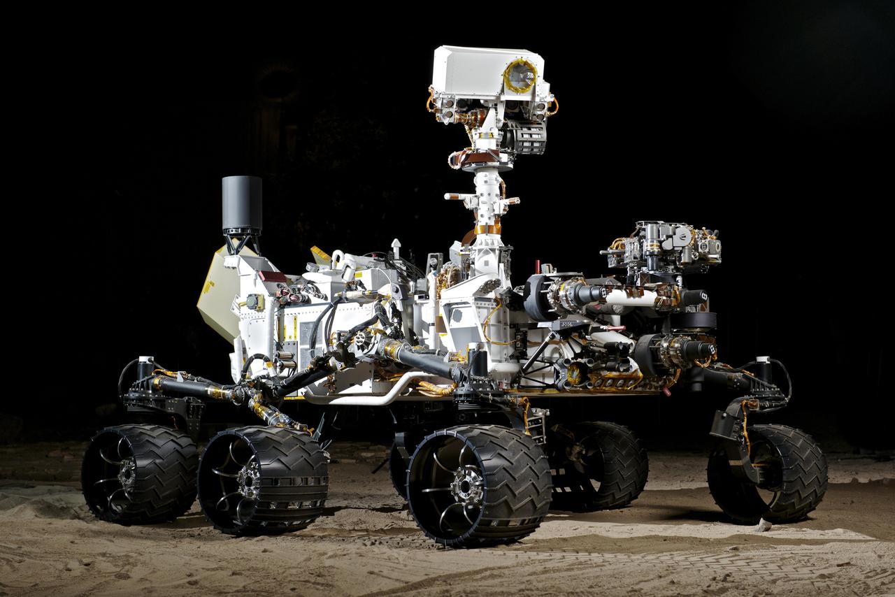 This photograph shows the Vehicle System Test Bed VSTB rover, a nearly identical copy to NASA Curiosity rover on Mars.