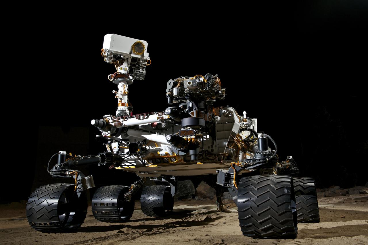 This photograph shows the Vehicle System Test Bed VSTB rover, a nearly identical copy to NASA Curiosity rover on Mars.