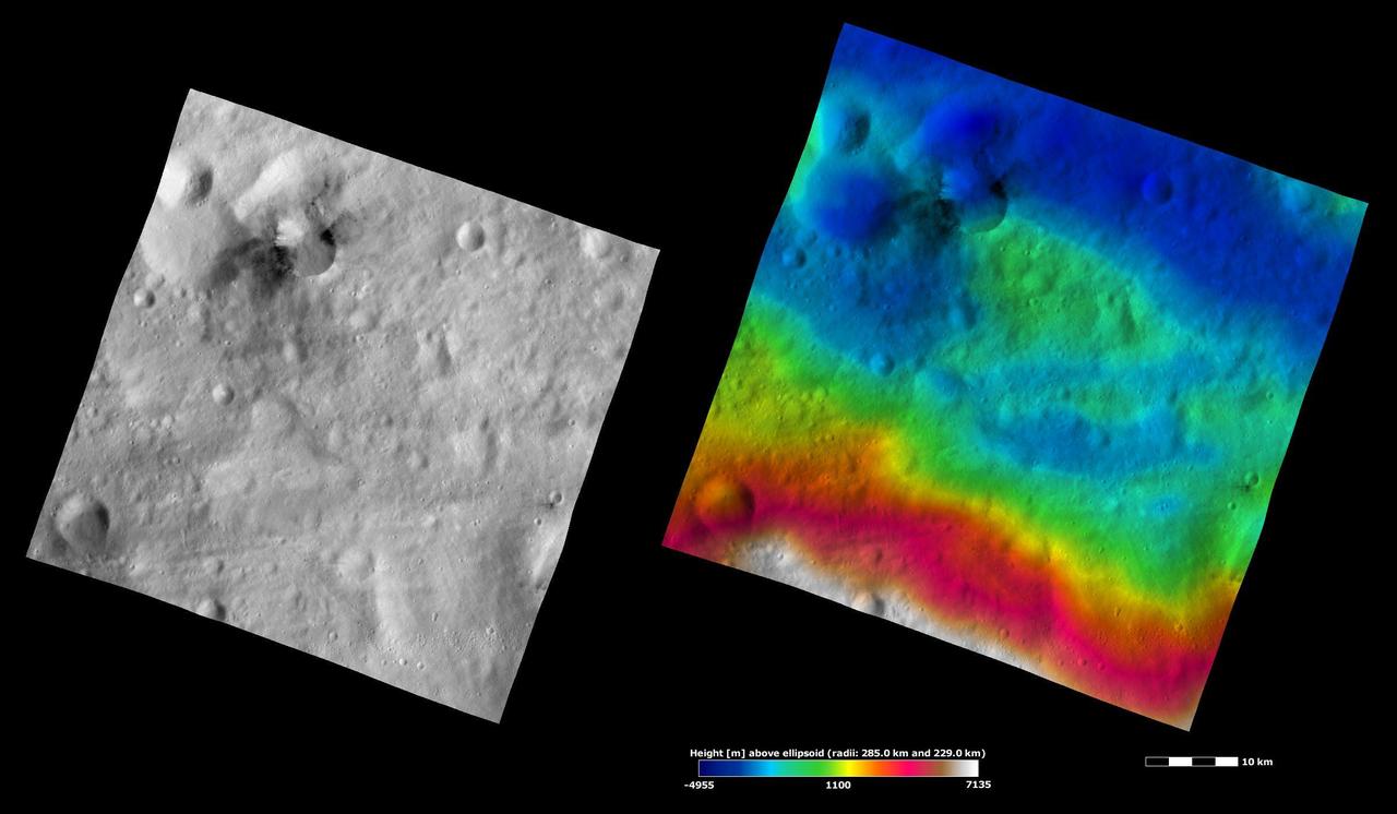 These apparent brightness and topography images from NASA Dawn spacecraft are located in asteroid Vesta Gegania quadrangle, in Vesta southern hemisphere.