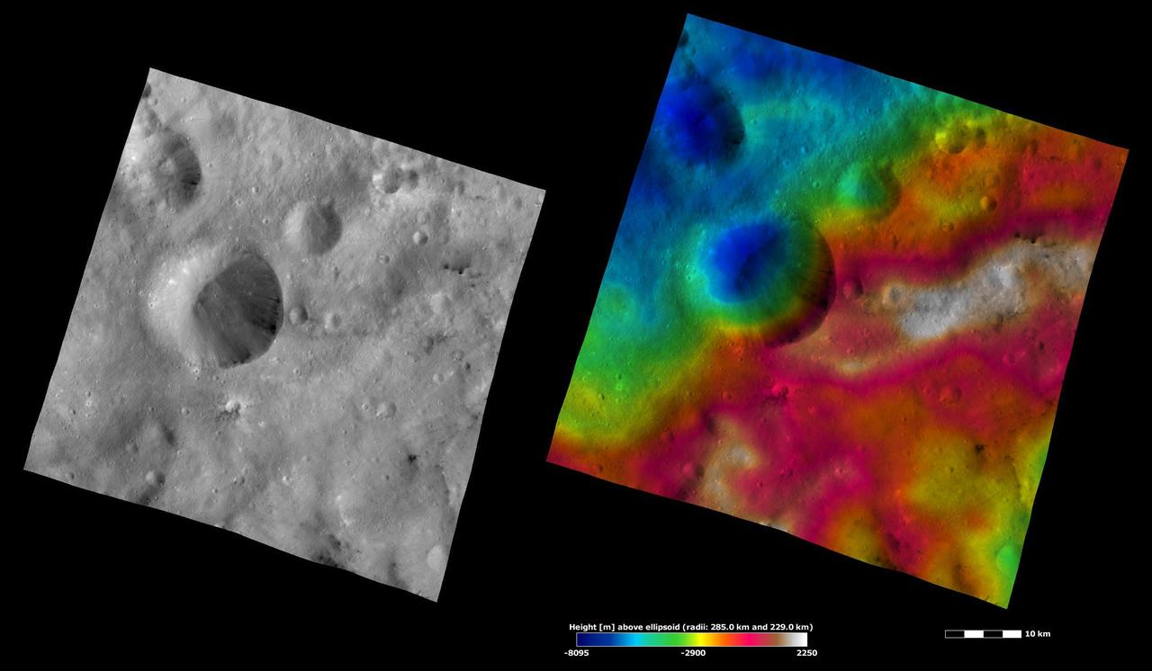 These apparent brightness and topography images from NASA Dawn spacecraft are located in asteroid Vesta Sextilia quadrangle, in Vesta southern hemisphere.
