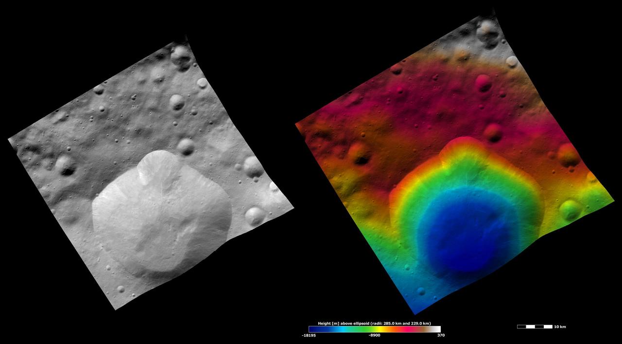 These apparent brightness and topography images from NASA Dawn spacecraft are located in asteroid Vesta Floronia quadrangle, in Vesta northern hemisphere.