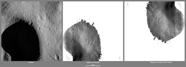 These images from NASA Dawn spacecraft, located in Vesta Caparronia quadrangle, in Vesta northern hemisphere, demonstrate a special analytical technique, which results in shadowed areas of Vesta surface becoming illuminated.