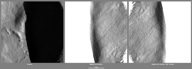 These images from NASA Dawn spacecraft, located in asteroid Vesta Oppia quadrangle, in Vesta northern hemisphere, demonstrate a special analytical technique, which results in shadowed areas of Vesta surface becoming illuminated.