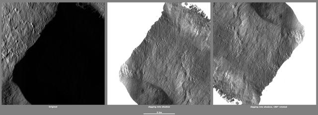 These images from NASA Dawn spacecraft, located in asteroid Vesta Marcia quadrangle, in Vesta northern hemisphere, demonstrate a special analytical technique, which results in shadowed areas of Vesta surface becoming illuminated.