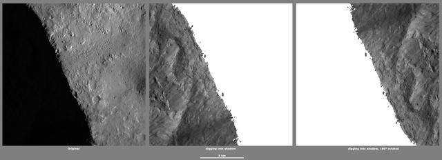 These images from NASA Dawn spacecraft, located in asteroid Vesta Marcia quadrangle, in Vesta northern hemisphere, demonstrate a special analytical technique, which results in shadowed areas of Vesta surface becoming illuminated.