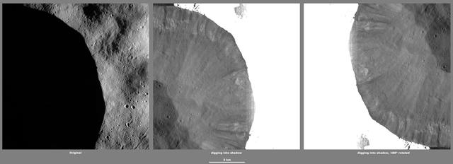 These images from NASA Dawn spacecraft, located in asteroid Vesta Floronia quadrangle, in Vesta northern hemisphere, demonstrate a special analytical technique, which results in shadowed areas of Vesta surface becoming illuminated.