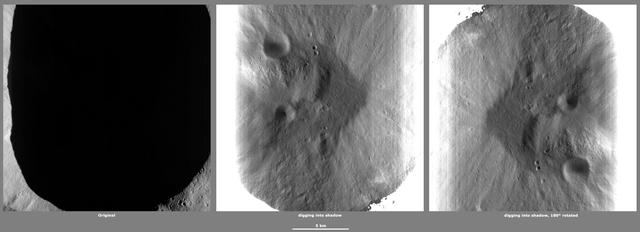 These images from NASA Dawn spacecraft, located in asteroid Vesta Caparronia quadrangle, in Vesta northern hemisphere, demonstrate a special analytical technique, which results in shadowed areas of Vesta surface becoming illuminated.
