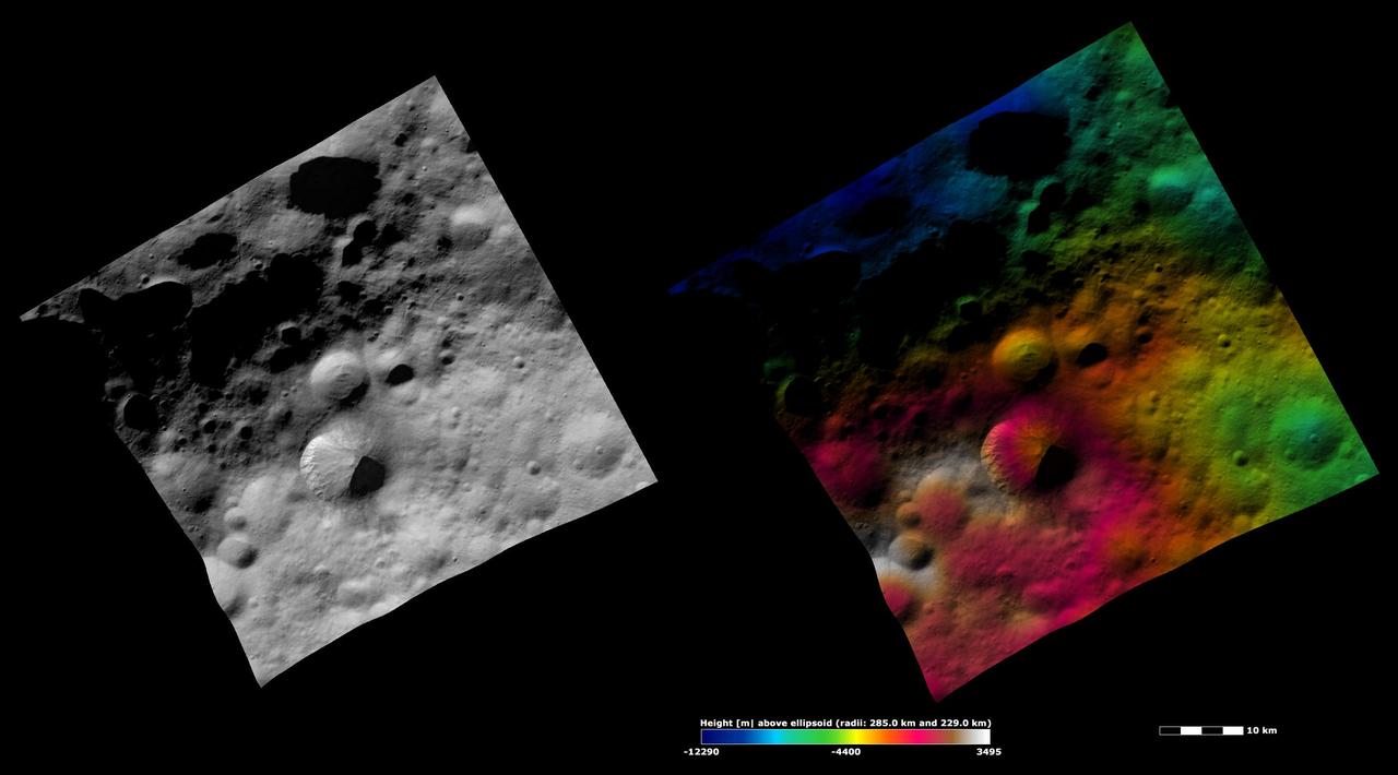 These images from NASA Dawn spacecraft are located in Vesta Numisia quadrangle, in Vesta northern hemisphere.