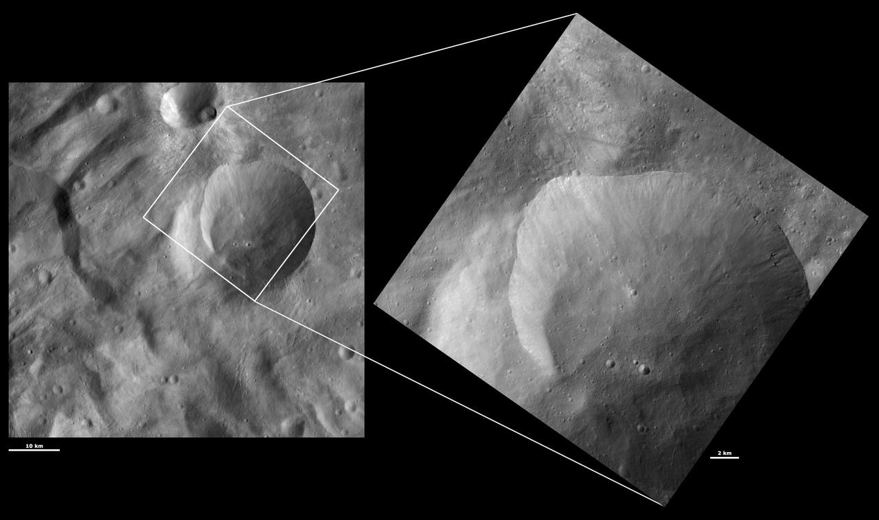 These images from NASA Dawn spacecraft are located in Tuccia quadrangle, in Vesta southern hemisphere.