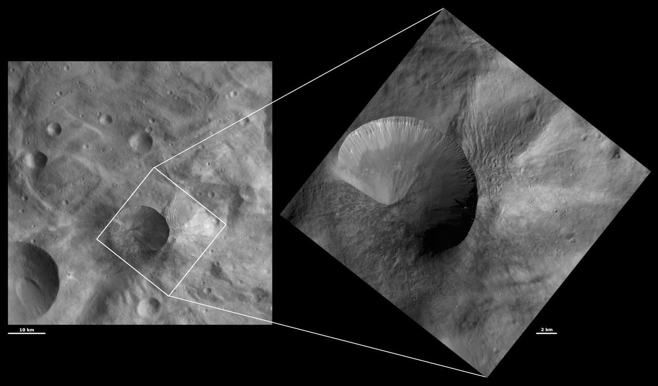 These images from NASA Dawn spacecraft are located in asteroid Vesta Tuccia quadrangle, in Vesta southern hemisphere.