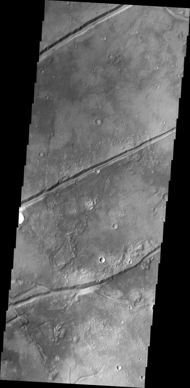 The fractures in this image captured by NASA 2001 Mars Odyssey spacecraft are aligned with most of the fractures in Tempe Terra, but are some distance from the bulk of the fracturing.