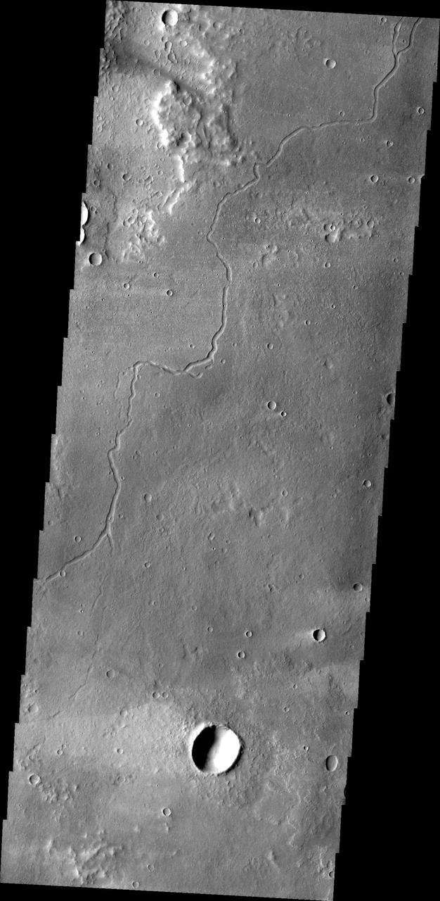 This image from NASA 2001 Mars Odyssey spacecraft shows a channel carved by lava. This channel is located northeast of Olympus Mons.