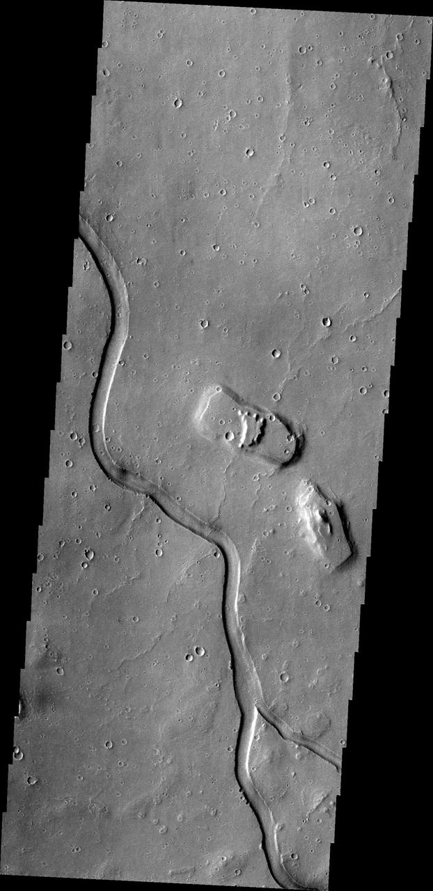 The channel in this image from NASA 2001 Mars Odyssey spacecraft is part of Hebrus Vallis, located on the western margin of the Elysium volcanic complex.