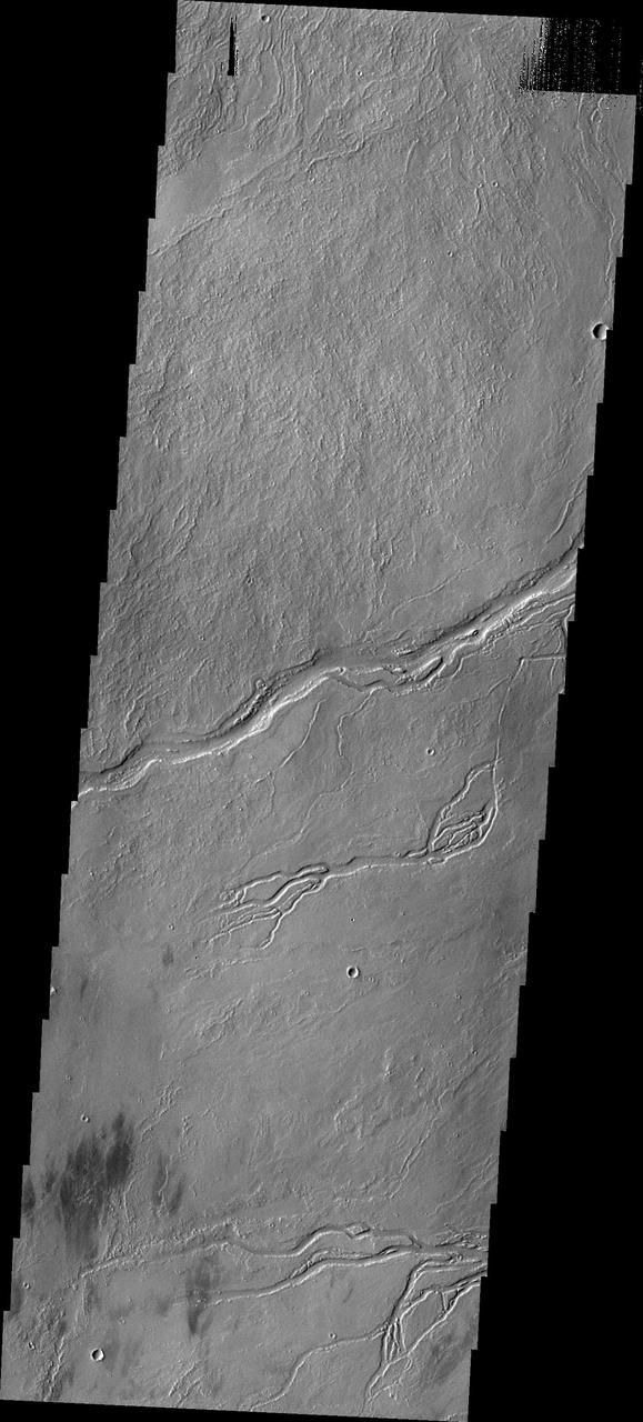 The channels in this image captured by NASA Mars Odyssey spacecraft were created by the flow of lava. This image shows part of the region between Pavonis and Ascraeus Mons.