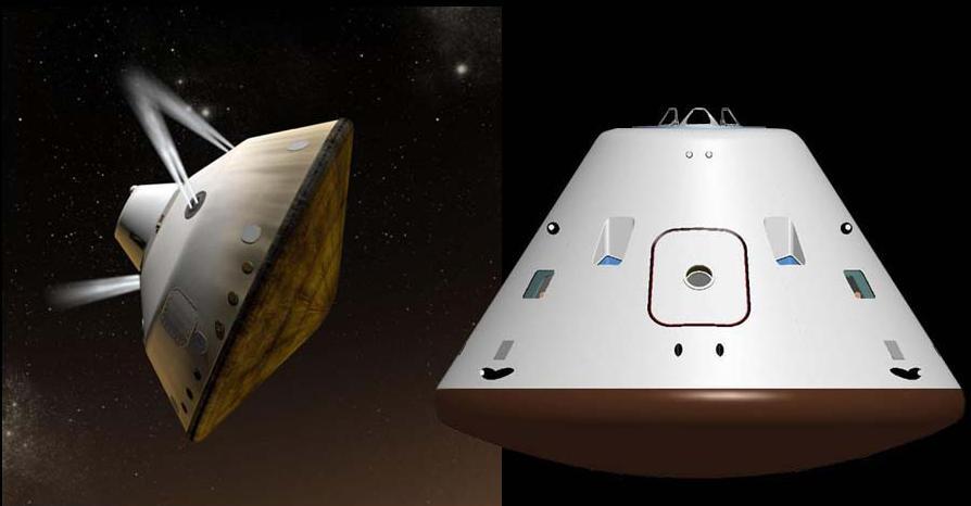 This set of artist concepts shows NASA Mars Science Laboratory cruise capsule and NASA Orion spacecraft, which is being built now at NASA Johnson Space Center and will one day send astronauts to Mars.