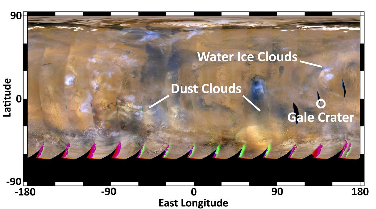 This global map of Mars was acquired on Aug. 4, 2012, by the Mars Color Imager instrument on NASA Mars Reconnaissance Orbiter to forecast weather conditions for the entry, descent and landing of NASA Curiosity rover.