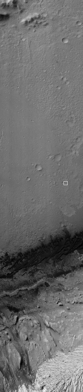 NASA Curiosity rover and its parachute were spotted by NASA Mars Reconnaissance Orbiter as Curiosity descended to the surface on Aug. 5 PDT Aug. 6 EDT. Curiosity and its parachute are in the small white box at center.
