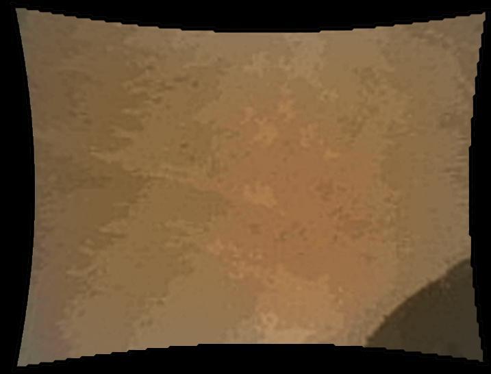 This color thumbnail image was obtained by NASA Curiosity rover illustrating the first appearance of the left front wheel of the Curiosity rover after deployment of the suspension system as the vehicle was about to touch down on Mars.