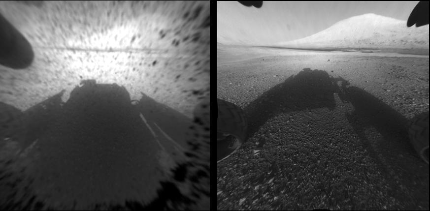 This image comparison shows a view through a Hazard-Avoidance camera on NASA Curiosity rover before and after the clear dust cover was removed. Both images were taken by a camera at the front of the rover. Mount Sharp, looms ahead.