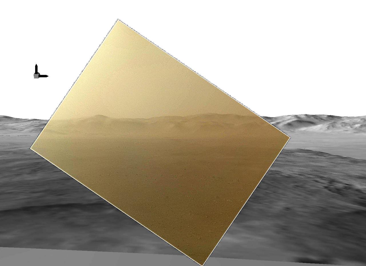 This picture from NASA Curiosity rover puts a color view obtained by the rover in the context of a computer simulation derived from images acquired from orbiting spacecraft. The view looks north, showing the distant ridge of Gale Crater.