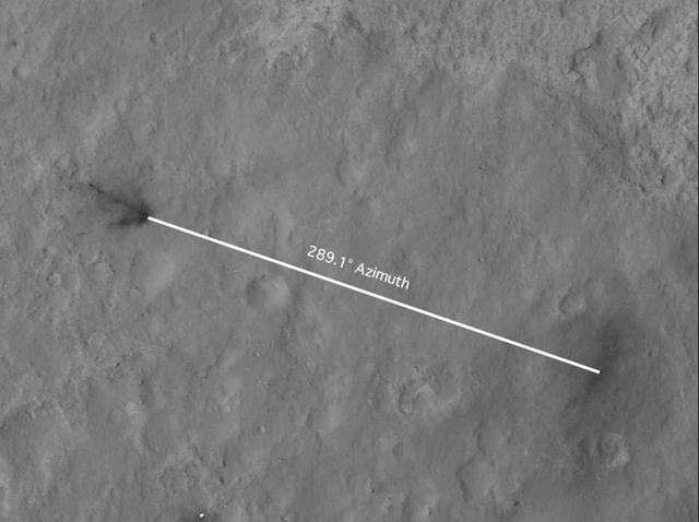 This portion of an image from NASA Mars Reconnaissance Orbiter has been annotated to show the relative positions between NASA Curiosity rover right and the impact site of its sky crane, or descent stage. 