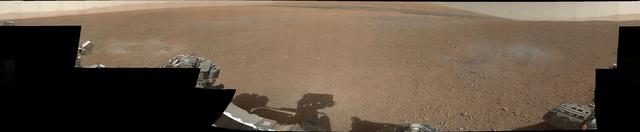 This is the first 360-degree panorama in color of the Gale Crater landing site taken by NASA Curiosity rover. The panorama was made from thumbnail versions of images taken by the Mast Camera.