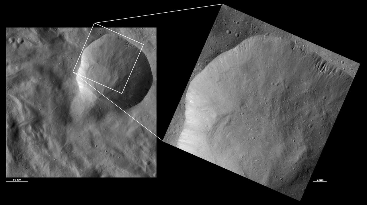 These images from NASA Dawn spacecraft are located in asteroid Vesta Pinaria quadrangle, in Vesta southern hemisphere.